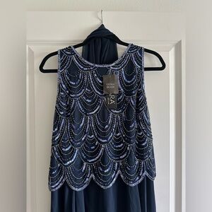 J Kara Women’s Navy Sleeveless Beaded Pop Over Long Dress With Scarf  - NWT